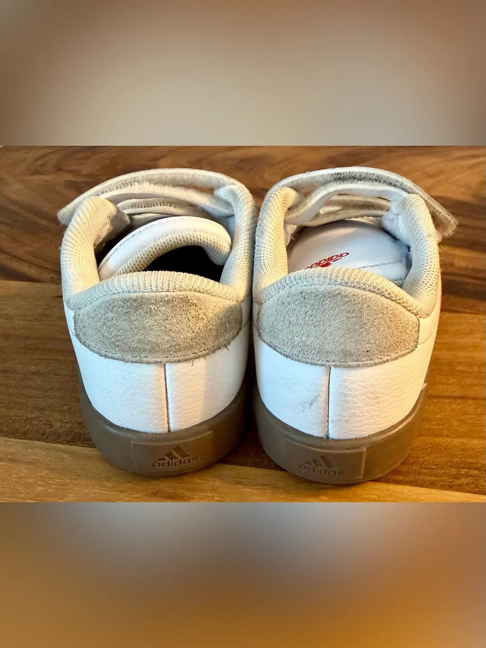 adidas White Kids Sneakers with Red Stripes and Velcro Straps